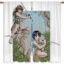 Female Ninja Attacks - Anime Style - Nature Background Window Curtains 32441692