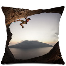 Female Rock Climber At Sunset, Kalymnos Island, Greece Pillows 58231900