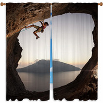 Female Rock Climber At Sunset, Kalymnos Island, Greece Window Curtains 58231900