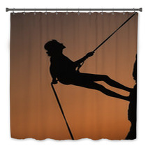Female Rock Climber Rapelling Off A Cliff Bath Decor 48357441