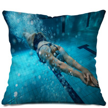 Female Swimmer At The Swimming Pool.Underwater Photo. Pillows 77446323