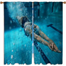 Female Swimmer At The Swimming Pool.Underwater Photo. Window Curtains 77446323