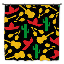 Festive Outline Mexican Symbols Seamless Background Vector Pattern With Silhouette Cactus Sombrero Maracas And Guitar Illustraton In Red Yellow Green And Black Colors For Textile Seamless Print Bath Decor 201830595