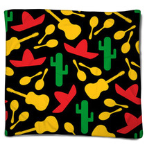 Festive Outline Mexican Symbols Seamless Background Vector Pattern With Silhouette Cactus Sombrero Maracas And Guitar Illustraton In Red Yellow Green And Black Colors For Textile Seamless Print Blankets 201830595