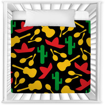 Festive Outline Mexican Symbols Seamless Background Vector Pattern With Silhouette Cactus Sombrero Maracas And Guitar Illustraton In Red Yellow Green And Black Colors For Textile Seamless Print Nursery Decor 201830595