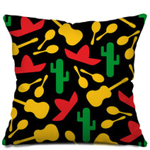 Festive Outline Mexican Symbols Seamless Background Vector Pattern With Silhouette Cactus Sombrero Maracas And Guitar Illustraton In Red Yellow Green And Black Colors For Textile Seamless Print Pillows 201830595