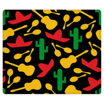Festive Outline Mexican Symbols Seamless Background Vector Pattern With Silhouette Cactus Sombrero Maracas And Guitar Illustraton In Red Yellow Green And Black Colors For Textile Seamless Print Rugs 201830595
