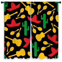 Festive Outline Mexican Symbols Seamless Background Vector Pattern With Silhouette Cactus Sombrero Maracas And Guitar Illustraton In Red Yellow Green And Black Colors For Textile Seamless Print Window Curtains 201830595