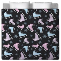 Figure Skates And Snowflakes On A Black Background Bedding 127774702