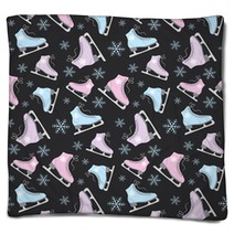 Figure Skates And Snowflakes On A Black Background Blankets 127774702