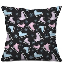 Figure Skates And Snowflakes On A Black Background Pillows 127774702