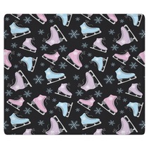 Figure Skates And Snowflakes On A Black Background Rugs 127774702