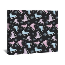 Figure Skates And Snowflakes On A Black Background Wall Art 127774702