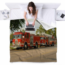 Fire Truck On Street In Late Evening Blankets 3739192
