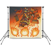 Firefighter Attacks Cartoon Flames With An Axe Vector Illustrati Backdrops 55715419