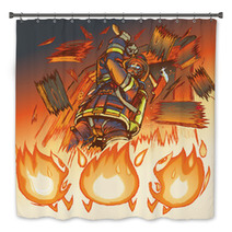 Firefighter Attacks Cartoon Flames With An Axe Vector Illustrati Bath Decor 55715419