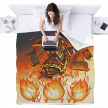 Firefighter Attacks Cartoon Flames With An Axe Vector Illustrati Blankets 55715419