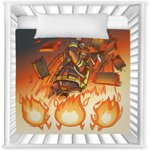 Firefighter Attacks Cartoon Flames With An Axe Vector Illustrati Nursery Decor 55715419