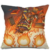 Firefighter Attacks Cartoon Flames With An Axe Vector Illustrati Pillows 55715419