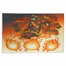 Firefighter Attacks Cartoon Flames With An Axe Vector Illustrati Rugs 55715419
