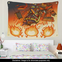 Firefighter Attacks Cartoon Flames With An Axe Vector Illustrati Wall Art 55715419