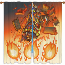 Firefighter Attacks Cartoon Flames With An Axe Vector Illustrati Window Curtains 55715419