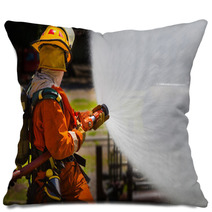 Firefighter Fighting For A Fire Attack During A Training Pillows 65688077