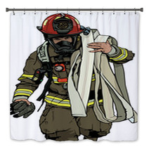 Firefighter With Fire Hose Over Shoulder Colored Illustration Vector Bath Decor 171207644