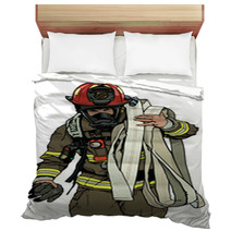 Firefighter With Fire Hose Over Shoulder Colored Illustration Vector Bedding 171207644
