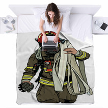 Firefighter With Fire Hose Over Shoulder Colored Illustration Vector Blankets 171207644