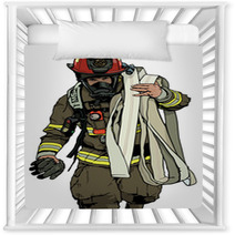 Firefighter With Fire Hose Over Shoulder Colored Illustration Vector Nursery Decor 171207644