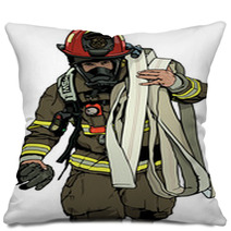Firefighter With Fire Hose Over Shoulder Colored Illustration Vector Pillows 171207644