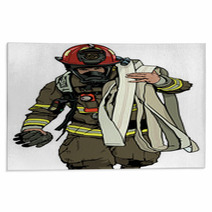 Firefighter With Fire Hose Over Shoulder Colored Illustration Vector Rugs 171207644