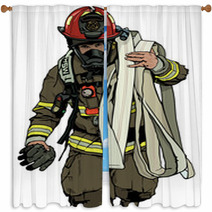 Firefighter With Fire Hose Over Shoulder Colored Illustration Vector Window Curtains 171207644