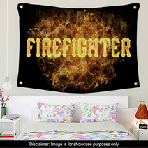 Firefighter Word Text Logo Fire Flames Design Wall Art 182997554