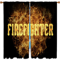Firefighter Word Text Logo Fire Flames Design Window Curtains 182997554