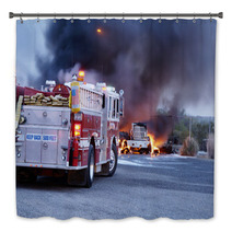 Firemen Fight A Fire That Has Involved Industrial Trucks Bath Decor 10337444