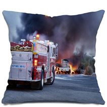 Firemen Fight A Fire That Has Involved Industrial Trucks Pillows 10337444