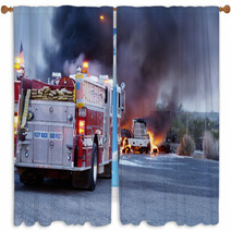 Firemen Fight A Fire That Has Involved Industrial Trucks Window Curtains 10337444