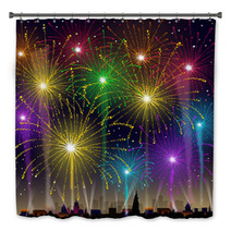 Fireworks On Cityscape-Vector Bath Decor 58829764