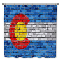 Flag Of Colorado On A Brick Wall Illustration The Flag Of The State Of Colorado On Brick Textured Background Colorado Flag Painted On Brick Wall Colorado Flag In Brick Style Bath Decor 108770574