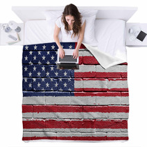 Flag Of The USA Painted Onto A Grunge Brick Wall Blankets 14683239