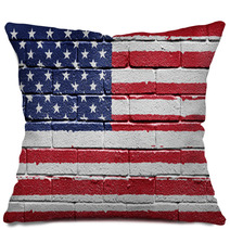Flag Of The USA Painted Onto A Grunge Brick Wall Pillows 14683239