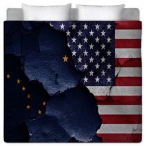 Flags Of Alaska And Usa Painted On Cracked Wall Bedding 104188955