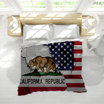 Flags Of California And Usa Painted On Cracked Wall Bedding 105688413