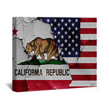 Flags Of California And Usa Painted On Cracked Wall Wall Art 105688413