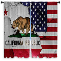 Flags Of California And Usa Painted On Cracked Wall Window Curtains 105688413