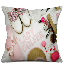 Flat Lay Golf Grupage Lady Golfer Pillows 106391752