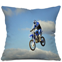 Flight Of Biker Motocross Against The Blue Sky And Clouds Pillows 46705772