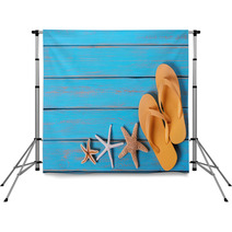 Flip Flops Starfish Old Distressed Bright Blue Beach Wood Background Backdrops 209791658